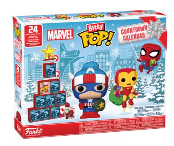 Marvel countdown calendar with 24 numbered doors and Bitty Pop! display pieces