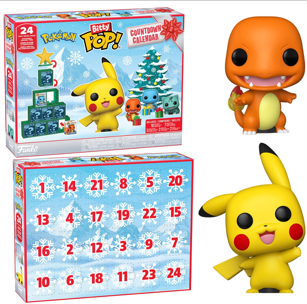 Pokémon countdown calendar showing numbered doors and Pikachu and Charmander Bitty Pop! figures